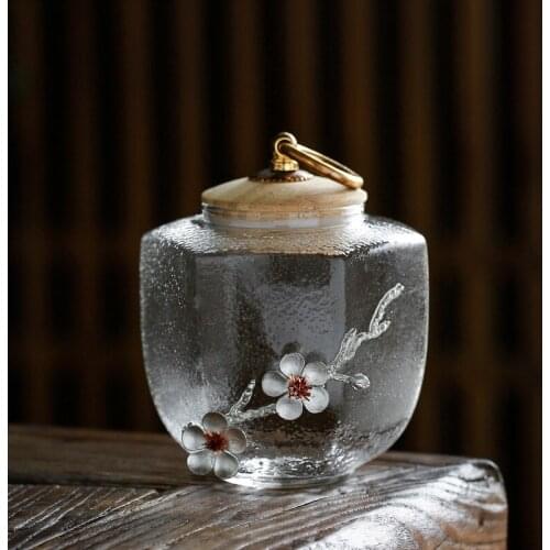 Hammered Pattern Glass Tea Jar Tin Flower Sealed Dried Fruit Scented Tea Storage Jar Pu'er Tea Jar Household Transparent