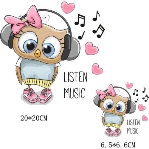 Iron On Music Owl Patches For Kids Clothing Dresses DIY Accessory Thermal Transfer Printer Stickers Applique Heat Press Sticker