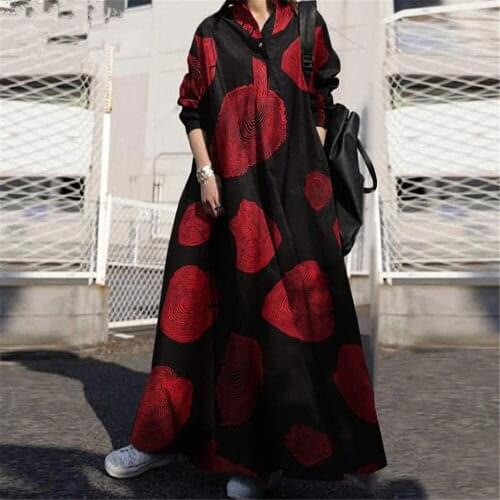 Vintage Floral Print Boho Maxi Dress Women Long Sleeve Turn Down Collar Shirt Dress Casual Ladies Office Dresses Vestidos