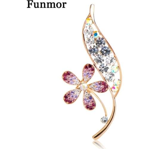 Funmor Splendid Flower With Leaf Shape Brooches For Women Girl Purple Crystal Corsage Banquet Shirt Dress Accessories Lapel Pins
