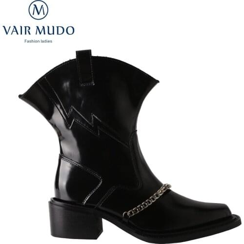 VAIR MUDO Spring/Autumn Women Boots Shoes Metal decoration Black Low Heels Solid Round Toe Elegant Genuien LeatherWM-X31