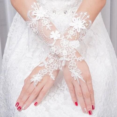 Women Wedding Fingerless Gloves Lace Faux Pearl Floral Applique Bowknot