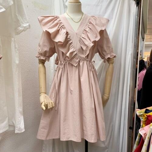 2020 Summer New Sweet Short Sleeve V-Neck Puff Sleeve Women Dresses Korea Style Ruffles Chic Ladies Casual Shirt Dress