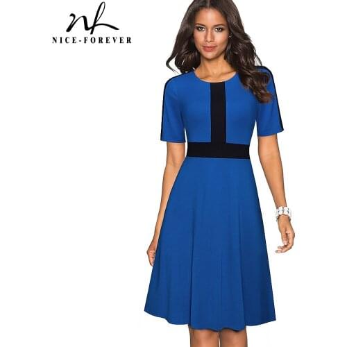Nice-forever Summer Women Fashion Contrast Color Patchwork Dresses Business Office Flare Dress btyA232