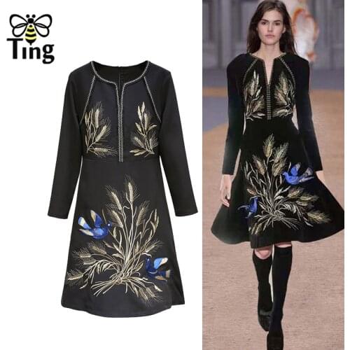 Tingfly Vintage Runway Black Dress Women Office Work Knee Length Dress Wheat Bird Embroidery Casual Vestidos Large Size Robes Za