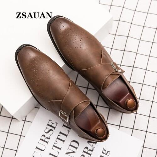 ZSAUAN Dropshipping 38-46 Men Brogue British Oxford Formal Shoes Male Gentleman Leather Retro Party Wedding Shoes Buckle Strap