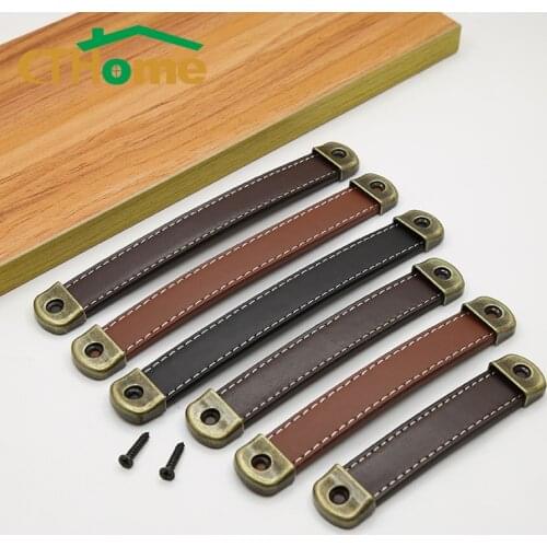 128mm Brown Furniture Door Handles Cowhide Small Wardrobe Drawer Door Pull Leather Kitchen Cabinet Handles Hardware Door Handle