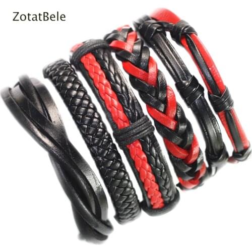 Handmade Wholesale 5Pcs/Set Black&Red Leather Bracelets Women Leather Bracelet Male Wristband Wrap Men Jewelry F64