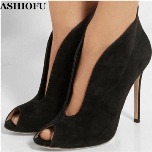 ASHIOFU Handmade Ladies High Heel Pumps Peep-toe Faux-suede Party Prom Dress Shoes Large Size Evening Fashion Court Shoes