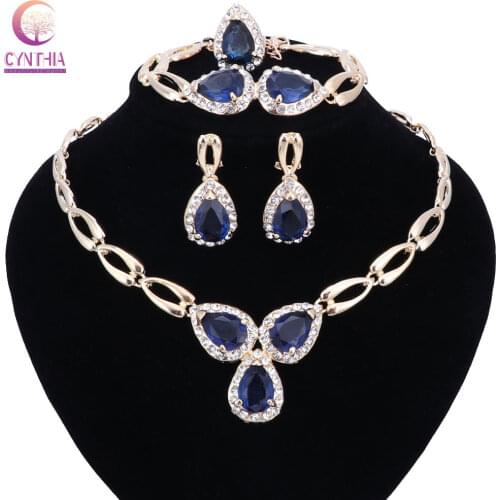 Noble Blue Cubic Zirconia Water Drop Pendant Necklace bracelet rings and Earrings Jewelry godden gold