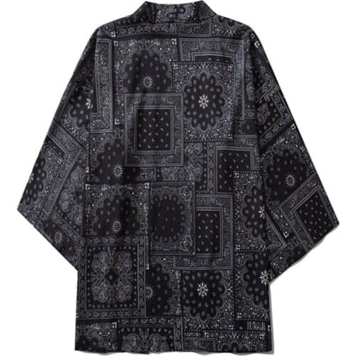 Haori Obi Black Cashew Flowers Print Kimono Men Harajuku Japanese Style Traditional Cardigan Yukata Streetwear pajamas for women