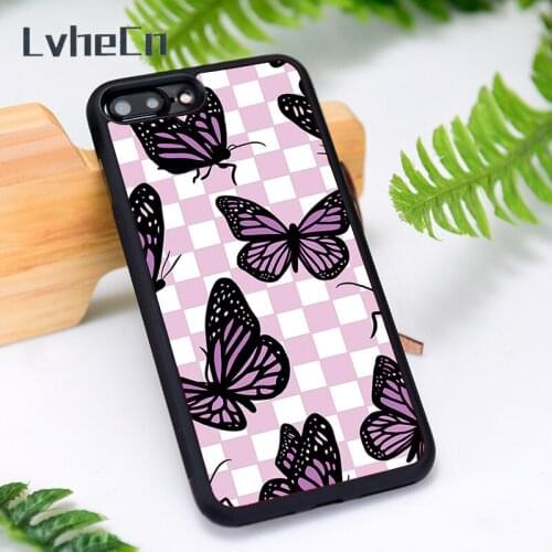 LvheCn Silicone Rubber Phone Case Cover for iPhone 6 6S 7 8 Plus X XS XR 11 12 Mini Pro Max Purple Butterfly Checkers