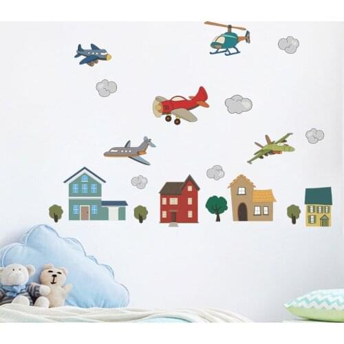 Cartoon Small Town Wall Stickers for Kids rooms Kindergarten Wall Decor Helicopter Airliner Fighter Wall Decals Home Decor Mural