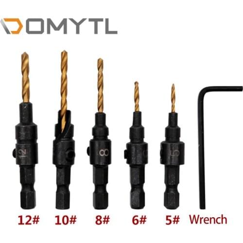 5pcs Countersink Drill Woodworking Drill Bit Set Drilling Pilot Holes For Screw Sizes #5 #6 #8 #10 #12 With a Wrench