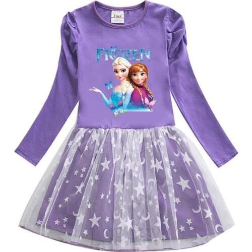 Disney New Autumn Elsa Princess Sleeve Dress for Girls Child Cartoon Frozen Printed Rainbow Colorful Dresses for Girls Child Kid