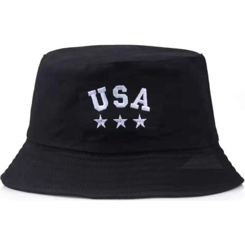 New USA Embroidery Black Bucket Hat For Women Men Bob Summer Fishing Girls America Letter Panama Caps Sun Cotton Fishermans Hat