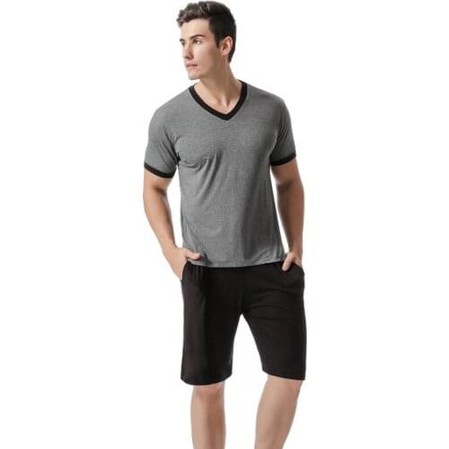 Summer Thin Modal Pajama Sets Man V Neck Casual Loose Sleepwear Plus Size Soft Pajamas Tops with Shorts for Men Sleeping Set