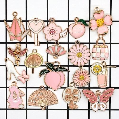Random Mixed Pink Color Enamel Charms Fruit Animal Flower Plant Star Pendant for Bracelet Earrings Jewelry DIY Accessory XL851
