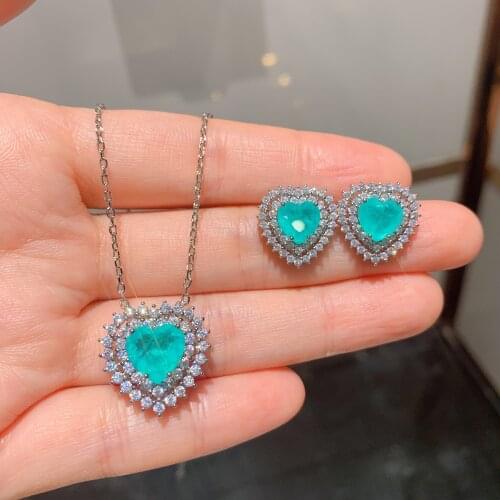 QTT Love Heart Drop Tourmaline Gemstone 925 Sterling Silver Jewelry Set For Women Pendant Necklace Hoop Earrings Wedding Party