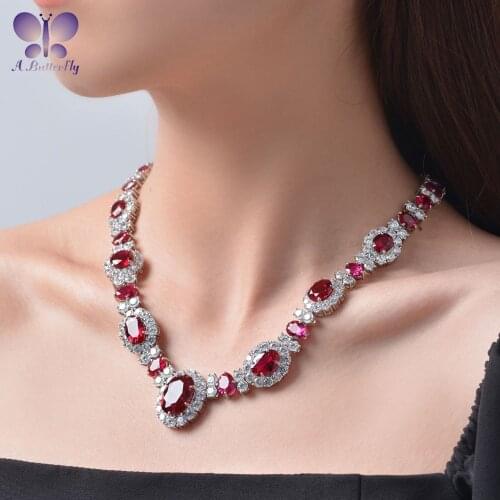 Luxury 925 Sterling Silver Ruby Necklace Female Main Stone 13x18 MM Cultivate Rubies Beautiful Party Jewelry