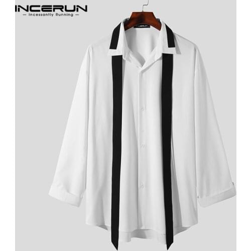 INCERUN Men Shirt Patchwork Lapel Long Sleeve Button Fashion Camisa Masculina 2021 Streetwear Personality Casual Shirts With Tie