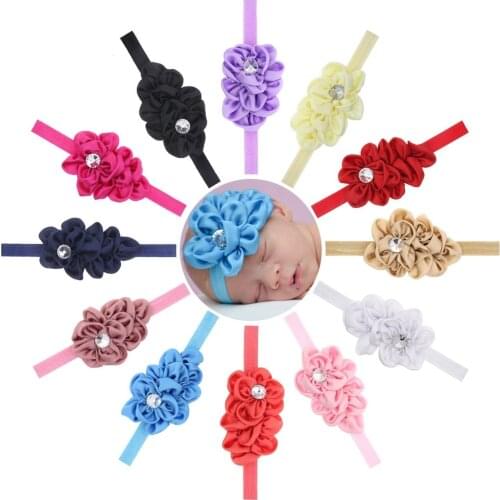 12 Colors Baby Girls Chiffon Flower Hairband with Glass Beads Fashion Folded Floral Elastic Headband Toddler Hair Accessories