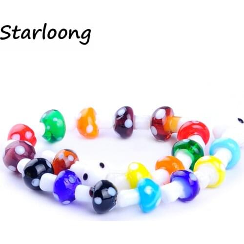 19pcs/string 10mm colors mixed mushroom shape lampwork glazed glass beads for bracelet necklace DIY jewelry making