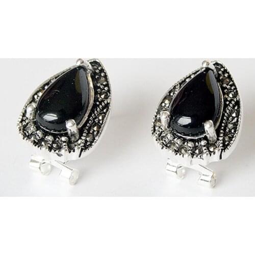 Hot Sell 2 choices VINTAGE 925 STERLING SILVER BLACK Natural Stone AND WHITE OPAL MARCASITE EARRINGS 15X19MM
