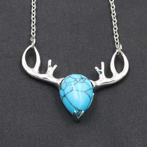 YJXP Ethnic Silver Plated Sika Deer Head Shape Pendant Blue Turquoises Stone Necklace For Gift Jewelry