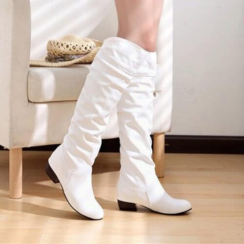 WinterWoman Shoes Boots Platform Rubber Boots Black White Low Heel Knee Boots Autumn Lady Heel Shoes Knee High Shoes