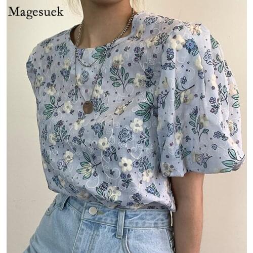 Summer Vintage Floral Women Blouses Puff Short Sleeve Korean Elegant Shirts Printed Female Chic Ladies Tops Blusas Mujer 14907