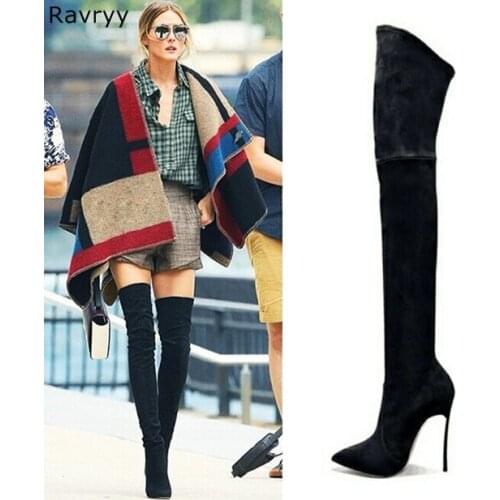 Metal Thin Heel Woman Long Boots Black Suede Lather pointed toe over-the-knee Boots Autumn Winter Fashion Female Shoes