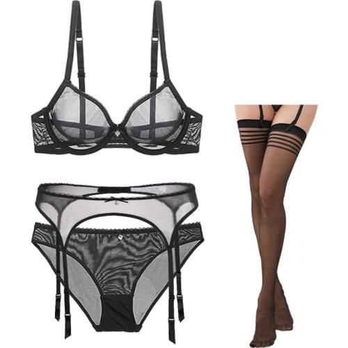 Women Transparent Ultra-thin Lingerie Underwear Solid Lace See Through Intimates Women Bra set 4 Pcs/Lots