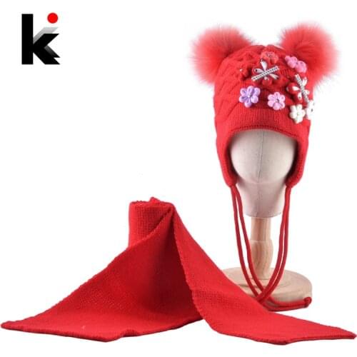 Winter Hat Scarf Set For Kids Lovely Pompoms Knitted Beanie Baby Girls Thick Knit Butterfly Flowers Ears Flap Cap Sets Children