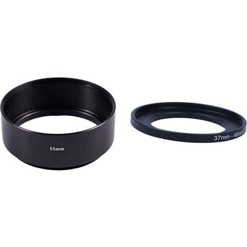 1 Pcs Replacement Screw in Mount 55mm Camera Metal Lens Hood & 1 Pcs 37mm-49mm Lens Filter Step Up Ring Adapter Black