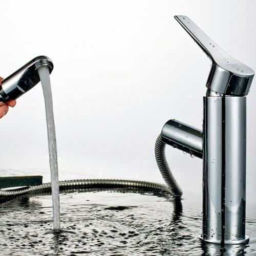 Free shipping Fashion chrome plating brass Basin faucet Cold and hot water Basin mixer with pull out shower head