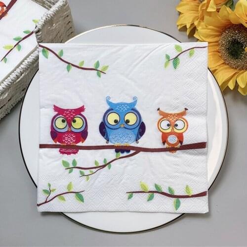 20Pcs/Bag Cute Owl Paper Napkins Kawaii Animal Decoupage Tissues for Xmas Kids Birthday Party Tableware Decoration