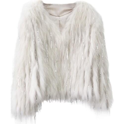 Racoon fur car striped fur coat womens short 2021 new Knitted mid-length sequined tassel coat