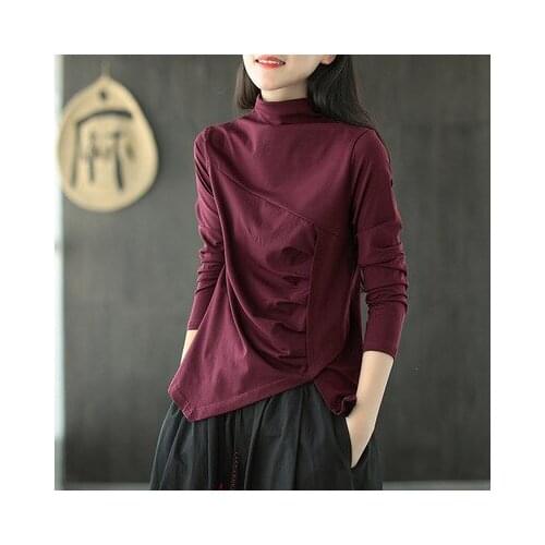 Hot Fashion Solid 6 Color Autumn Bottoming T Shirt For Woman Long Sleeved Casual Ruched Turtleneck Pullover Top Tshirt Irregular