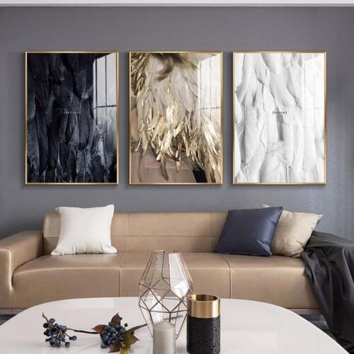 Modern Black White Golden Feathers Wall Art Canvas Painting Posters and Prints Picture For Bedroom Living Room Nordic Home Decor