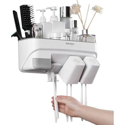 YUEWO Wall Mount Toothpaste Squeezer Automatic Toothpaste Dispenser Toothbrush Holder Bathroom Accessories Storage Rack