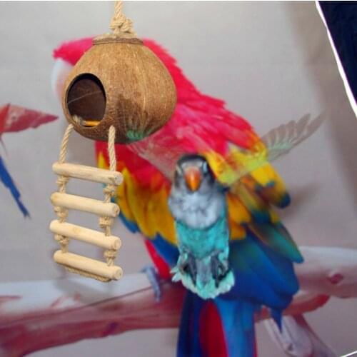 Natural Coconut Shell Bird Nest House Hut Cage Feeder Pet Parrot with Hanging Lanyard Hanging Toy