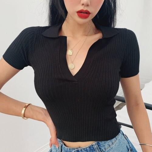 Solid Color Deep V Neck Tees 2021 Summer Women Short Sleeve Skinny Sexy Cropped Tops High Street Club Chic Knitted Polo Shirt