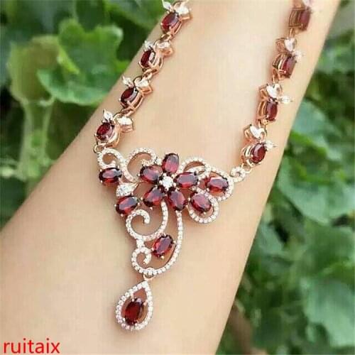 KJJEAXCMY boutique jewels 925 sterling silver inlaid with the natural pomegranate stone sea wave pendant jewelry necklace