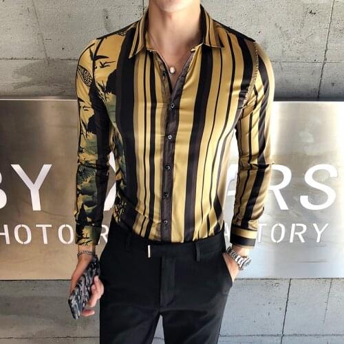 Luxury Gold Shirt Male 2019 New Spring and Autumn Long-sleeved Self-cultivation Party Club Ball Shirt Mens Quality Clothing
