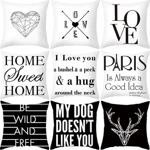 Letter Love Home Cushion covers Polyester Black White pillow cover Sofa bed Nordic decorative pillow case almofadas 45x45cm