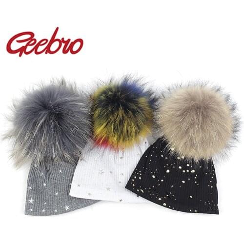 Geebro Newborn Warm Gold Splatter Dot Beanies 15cm Real Raccoon Fur Pompom Star Print Ribbed Hats Girls Boys Infant Hairball Cap