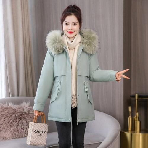 Thick Casual Winter Down Cotton Parkas for Women Solid Fur Collar Hooded Ladies Cotton Jacket Warm Wool Liner Coat with Pockets
