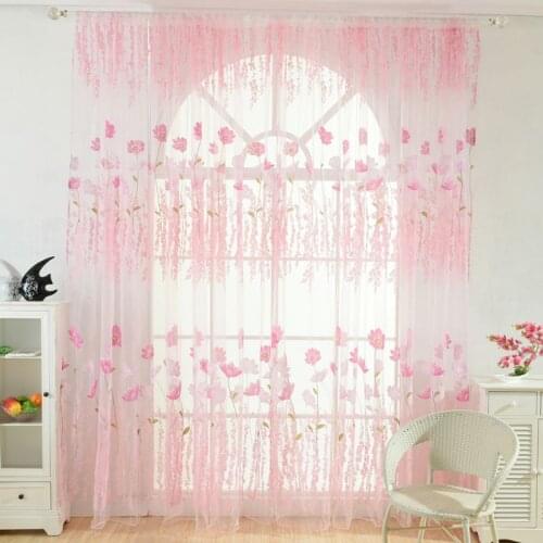 1Mx2M Printed Kelsang Flowers Tulle Curtains Tube Curtain Bedroom Living Room Sun-shading Translucent Curtain
