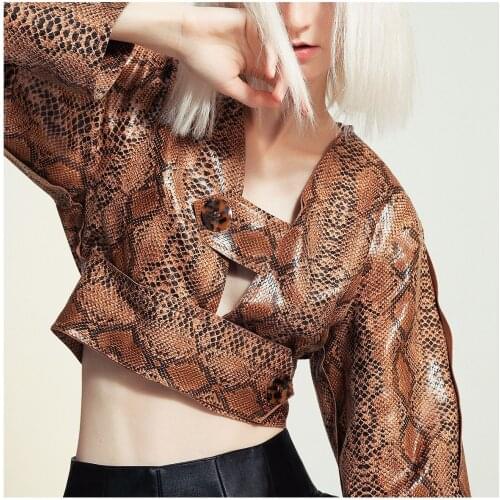 Spring Autumn Short Womens Coat, Fashion Cool Street Style Long Sleeves, Realistic Snakeskin Style Casual Short Coat Leather